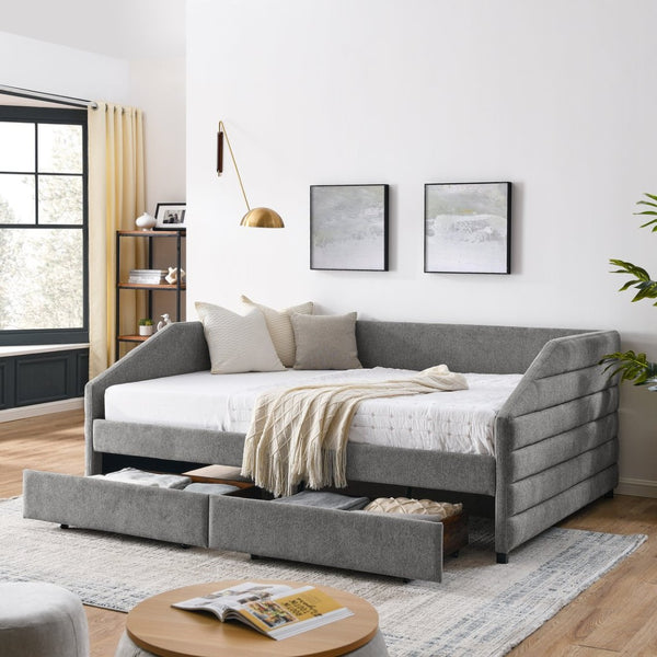 English Elm Queen Tufted Linen Upholstered Daybed Sofa with Under Frame Storage Drawers W487S00167