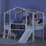 Hearth and Haven Twin Loft Bed with Ladder, Slide, Black Board and Light Strip, White WF307450AAK