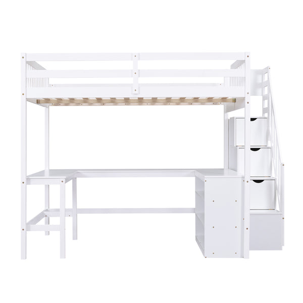 English Elm Full Space-Saving Loft Bed with Built-In L-Shaped Desk, Three-Tier Shelves and Stair Storage for Study White GX000431AAK