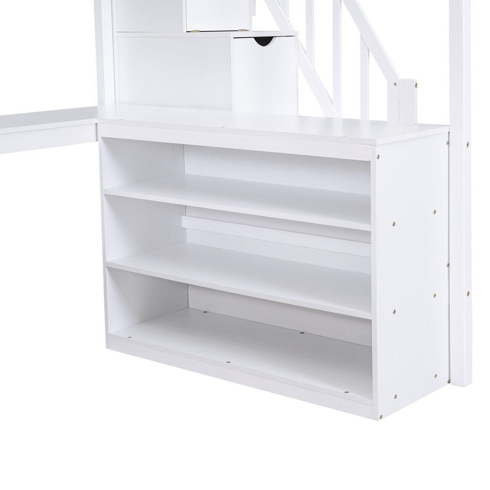 English Elm Full Space-Saving Loft Bed with Built-In L-Shaped Desk, Three-Tier Shelves and Stair Storage for Study White GX000431AAK