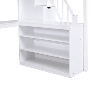 English Elm Full Space-Saving Loft Bed with Built-In L-Shaped Desk, Three-Tier Shelves and Stair Storage for Study White GX000431AAK