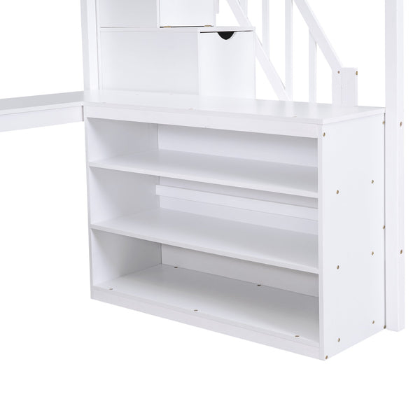 English Elm Full Space-Saving Loft Bed with Built-In L-Shaped Desk, Three-Tier Shelves and Stair Storage for Study White GX000431AAK