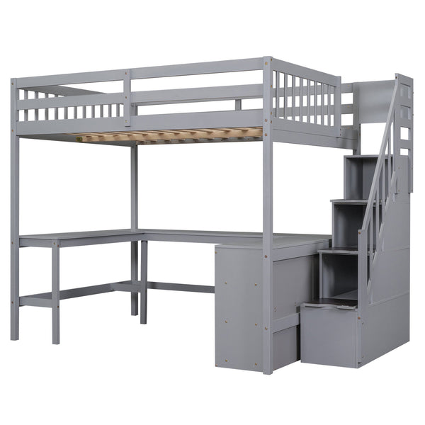 English Elm Full Space-Saving Loft Bed with Built-In L-Shaped Desk, Three-Tier Shelves and Stair Storage for Study Gray GX000431AAE