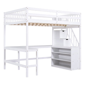 English Elm Full Space-Saving Loft Bed with Built-In L-Shaped Desk, Three-Tier Shelves and Stair Storage for Study White GX000431AAK