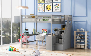 English Elm Full Space-Saving Loft Bed with Built-In L-Shaped Desk, Three-Tier Shelves and Stair Storage for Study Gray GX000431AAE