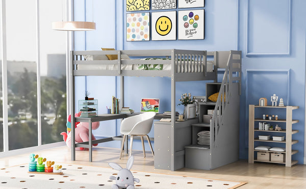 English Elm Full Space-Saving Loft Bed with Built-In L-Shaped Desk, Three-Tier Shelves and Stair Storage for Study Gray GX000431AAE