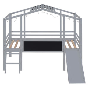 Hearth and Haven Twin Loft Bed with Ladder, Slide, Black Board and Light Strip, Grey WF307450AAE