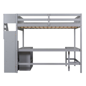 English Elm Full Space-Saving Loft Bed with Built-In L-Shaped Desk, Three-Tier Shelves and Stair Storage for Study Gray GX000431AAE