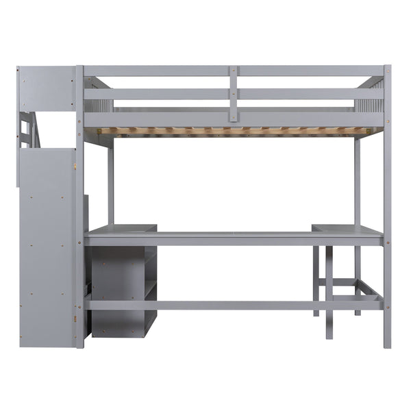 English Elm Full Space-Saving Loft Bed with Built-In L-Shaped Desk, Three-Tier Shelves and Stair Storage for Study Gray GX000431AAE