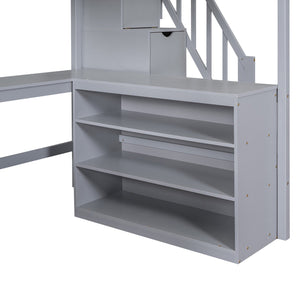 English Elm Full Space-Saving Loft Bed with Built-In L-Shaped Desk, Three-Tier Shelves and Stair Storage for Study Gray GX000431AAE
