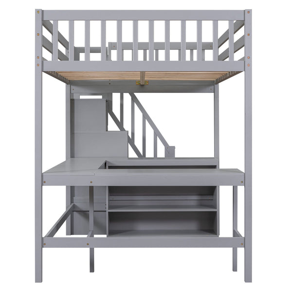English Elm Full Space-Saving Loft Bed with Built-In L-Shaped Desk, Three-Tier Shelves and Stair Storage for Study Gray GX000431AAE