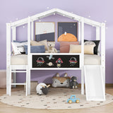 Hearth and Haven Twin Loft Bed with Ladder, Slide, Black Board and Light Strip, White WF307450AAK