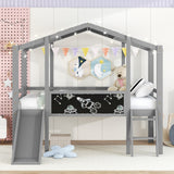 Hearth and Haven Twin Loft Bed with Ladder, Slide, Black Board and Light Strip, Grey WF307450AAE