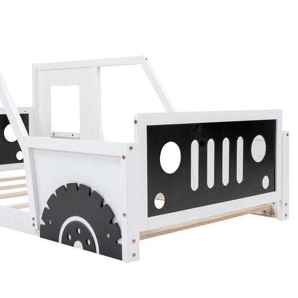 English Elm Twin Classic Car-Shaped Platform Bed with Wheels for Kids – Sturdy Pine/MDF, Fun Doors & Windows, 75"x38.6" White WF296353AAK