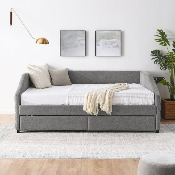 English Elm Queen Tufted Linen Upholstered Daybed Sofa with Under Frame Storage Drawers W487S00167