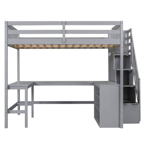 English Elm Full Space-Saving Loft Bed with Built-In L-Shaped Desk, Three-Tier Shelves and Stair Storage for Study Gray GX000431AAE