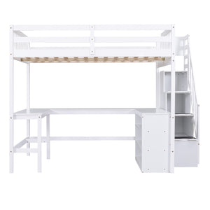English Elm Full Space-Saving Loft Bed with Built-In L-Shaped Desk, Three-Tier Shelves and Stair Storage for Study White GX000431AAK