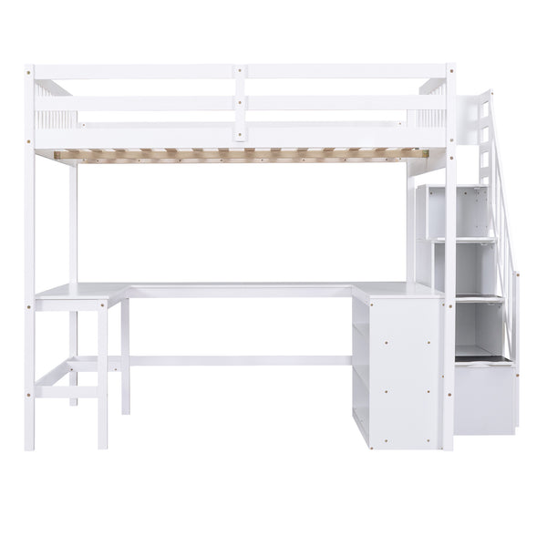 English Elm Full Space-Saving Loft Bed with Built-In L-Shaped Desk, Three-Tier Shelves and Stair Storage for Study White GX000431AAK