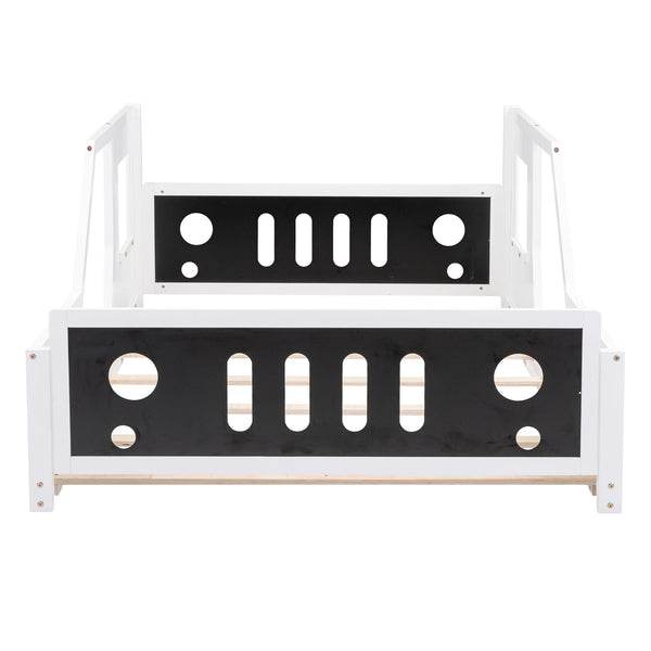 English Elm Full Full Size Classic Car-Shaped Platform Bed with Wheels – Sturdy Pine & MDF, Fun Headboard Design White WF306743AAK