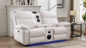 English Elm M046 Power Reclining Loveseat with Bluetooth Speakers Led Lighting Faux Leather White W1805P308465