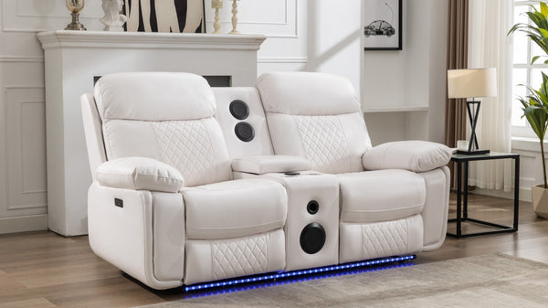 English Elm M046 Power Reclining Loveseat with Bluetooth Speakers Led Lighting Faux Leather White W1805P308465