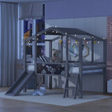 Hearth and Haven Twin Loft Bed with Ladder, Slide, Black Board and Light Strip, Grey WF307450AAE