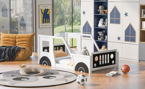 English Elm Twin Classic Car-Shaped Platform Bed with Wheels for Kids – Sturdy Pine/MDF, Fun Doors & Windows, 75"x38.6" White WF296353AAK