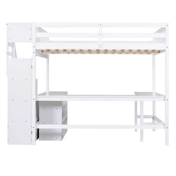 English Elm Full Space-Saving Loft Bed with Built-In L-Shaped Desk, Three-Tier Shelves and Stair Storage for Study White GX000431AAK