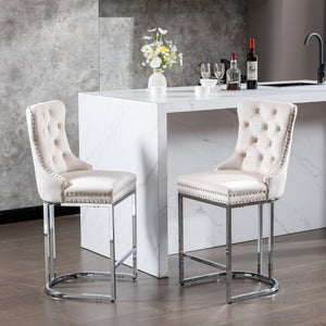 English Elm 26" High Back Velvet Bar Stools Set of 2 with Deep Tufting, Plush Sponge & Spring Seats, Chrome Base Beige W1143112576
