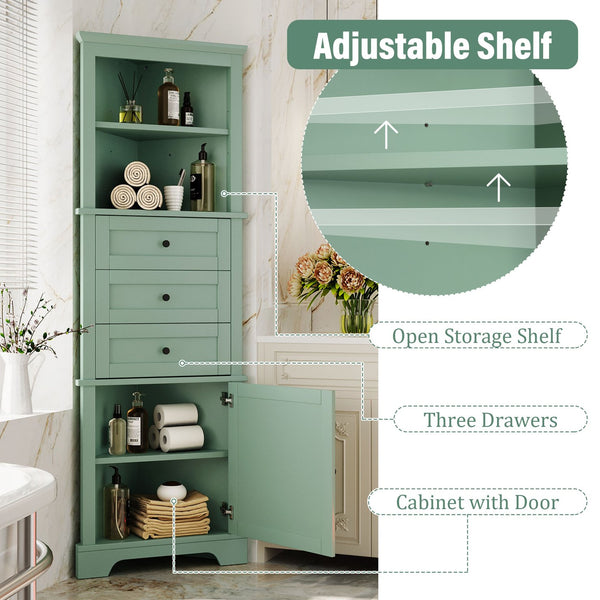 English Elm Green Triangle Tall Cabinet with 3 Drawers, Adjustable Shelf & Anti-Tip Device for Bathroom/Kitchen (Stylish MDF) N725P247409G