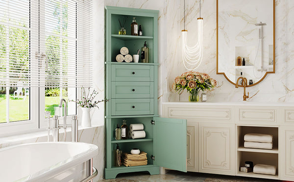 English Elm Green Triangle Tall Cabinet with 3 Drawers, Adjustable Shelf & Anti-Tip Device for Bathroom/Kitchen (Stylish MDF) N725P247409G