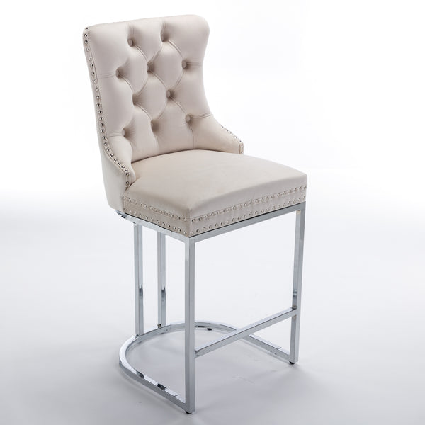 English Elm 26" High-Back Bar Stools Set of 2 with Deep Button Tufting, Plush Sponge & Spring Seats, Chrome Base Beige W1143112576