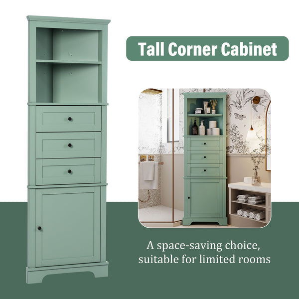 English Elm Green Triangle Tall Cabinet with 3 Drawers, Adjustable Shelf & Anti-Tip Device for Bathroom/Kitchen (Stylish MDF) N725P247409G