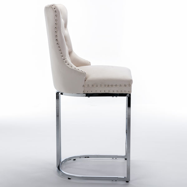 English Elm 26" High-Back Bar Stools Set of 2 with Deep Button Tufting, Plush Sponge & Spring Seats, Chrome Base Beige W1143112576