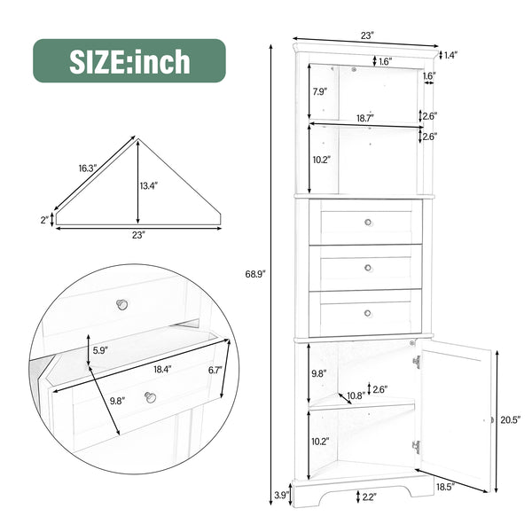 English Elm Green Triangle Tall Cabinet with 3 Drawers, Adjustable Shelf & Anti-Tip Device for Bathroom/Kitchen (Stylish MDF) N725P247409G