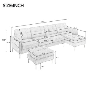 English Elm 110" L-Shape Convertible Sectional Sofa Couch With Movable Ottoman For Living Room, Apartment, Office, Green