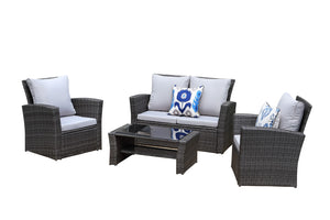 English Elm 4-Pieces Pe Rattan Wicker Outdoor Patio Furniture Set With Grey Cushions