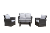 English Elm 4-Pieces Pe Rattan Wicker Outdoor Patio Furniture Set With Grey Cushions