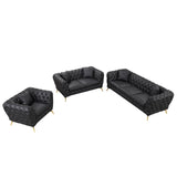 English Elm Modern 3-Piece Sofa Sets With Sturdy Metal Legs, Button Tufted Back, Pu Upholstered Couches Sets Including Three Seat Sofa, Loveseat and Single Chair For Living Room Furniture Set, Black