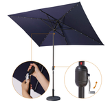 English Elm Waterproof Rectangular Patio Umbrella and Solar Lights 6.5 Ft. X 10 Ft. , 26 Led Lights, Push Button Tilt, Crank In Navy Blue