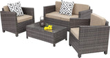 English Elm 4-Pieces Outdoor Patio Furniture Set, Pe Rattan Wicker In Grey With Beige Cushions