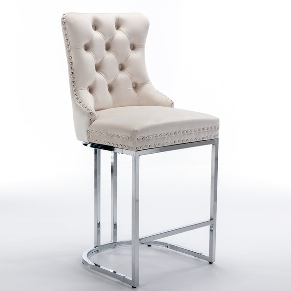 English Elm 26" High Back Velvet Bar Stools Set of 2 with Deep Tufting, Plush Sponge & Spring Seats, Chrome Base Beige W1143112576