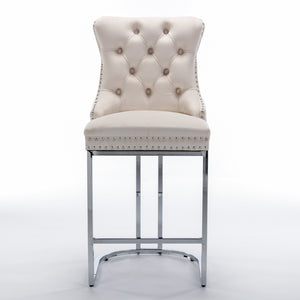 English Elm 26" High Back Velvet Bar Stools Set of 2 with Deep Tufting, Plush Sponge & Spring Seats, Chrome Base Beige W1143112576