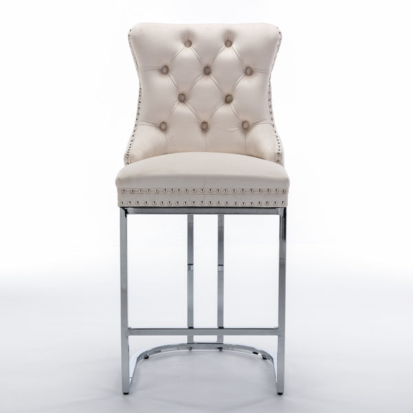 English Elm 26" High Back Velvet Bar Stools Set of 2 with Deep Tufting, Plush Sponge & Spring Seats, Chrome Base Beige W1143112576