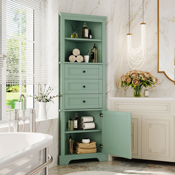 English Elm Green Triangle Tall Cabinet with 3 Drawers, Adjustable Shelf & Anti-Tip Device for Bathroom/Kitchen (Stylish MDF) N725P247409G