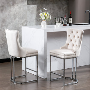 English Elm 26" High-Back Bar Stools Set of 2 with Deep Button Tufting, Plush Sponge & Spring Seats, Chrome Base Beige W1143112576