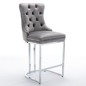 English Elm 26" High-Back Bar Stools Set of 2 with Deep Button Tufting, Plush Sponge & Spring Seats, Chrome Base Gray W1143112577