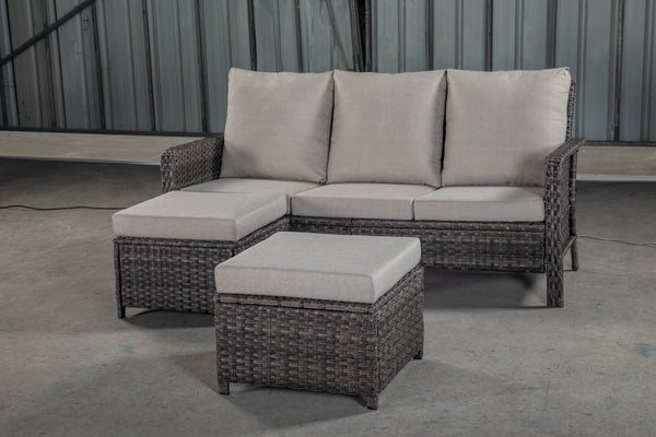 English Elm PE WICKER Sectional Sofa 3-Seater with 2 Stools Aqua Blue Cushions, Weatherproof PE Rattan Set W349142179