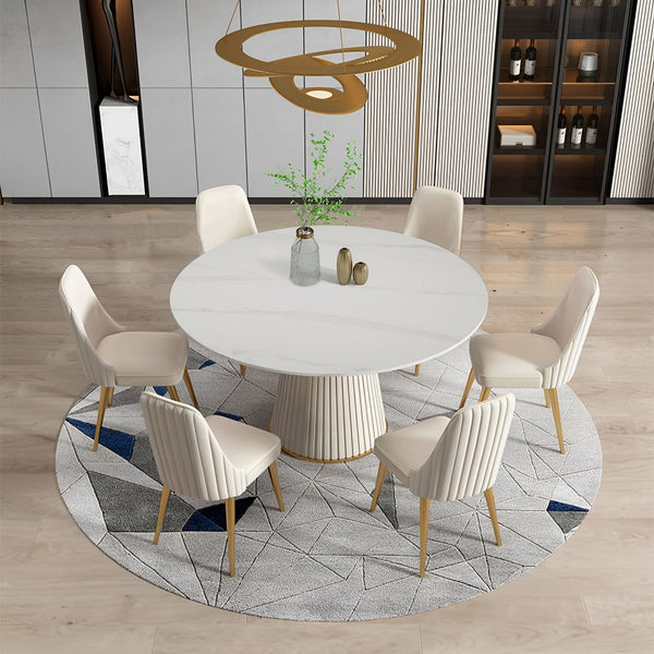 English Elm 53 Inch Sintered Stone Carrara White Dining Table Set With 6 Durable Chairs For Modern Spaces W509S00080
