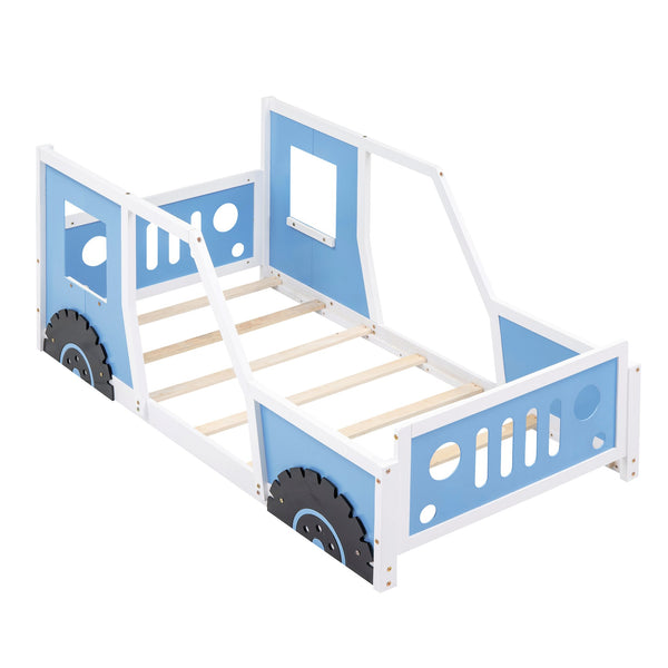 English Elm Twin Classic Car-Shaped Platform Bed with Wheels for Kids – Sturdy Pine/MDF, Fun Doors & Windows, 75"x38.6" Blue WF296353AAC